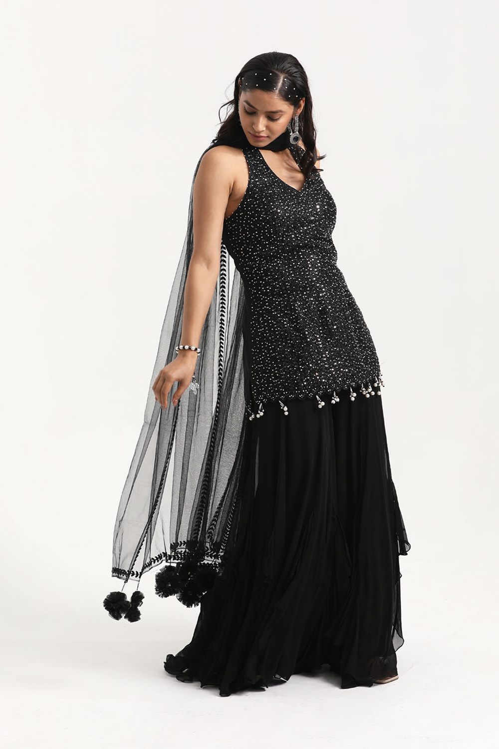 Black Halter Neck Straight Suit With Inserted Sharara Set