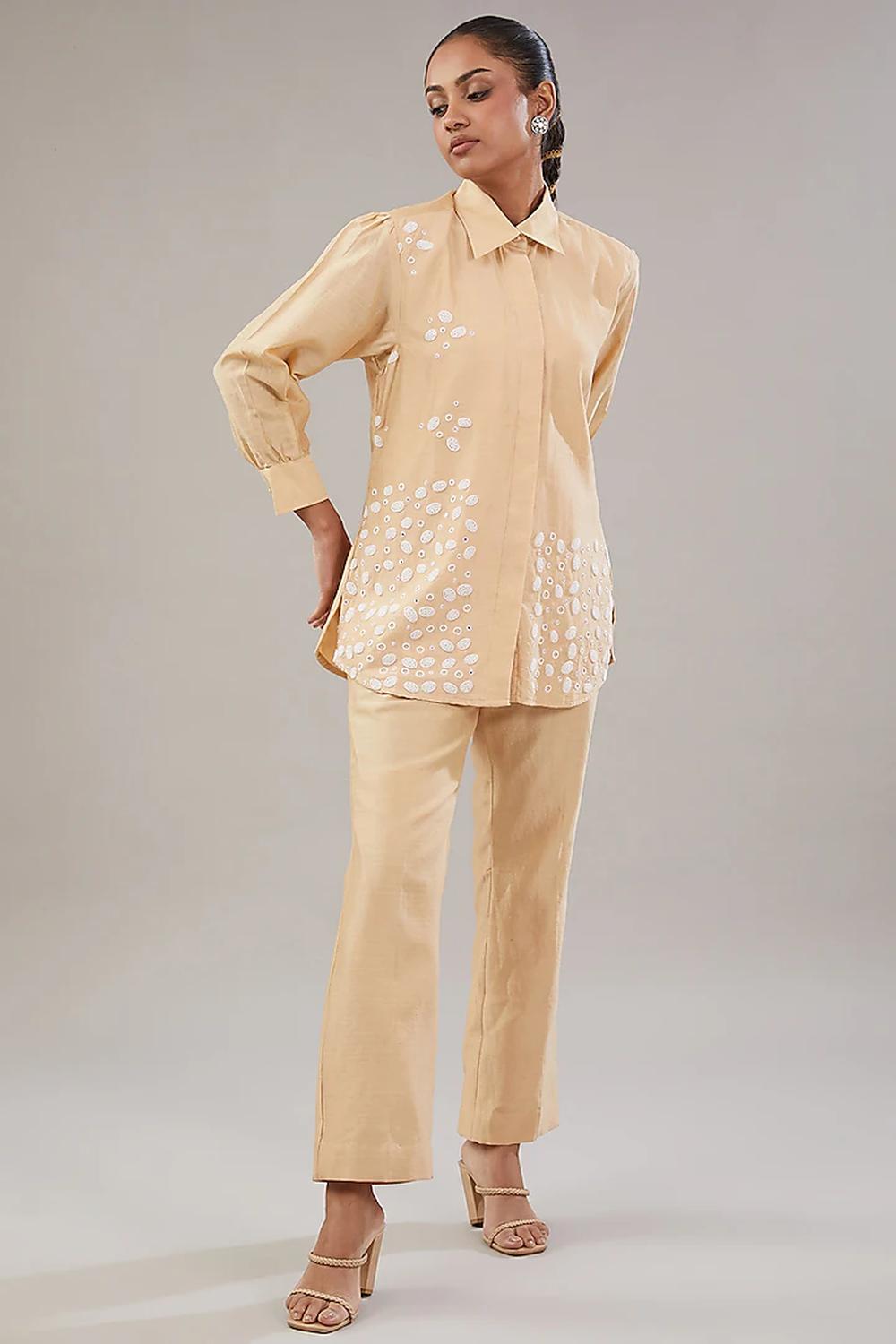 Beige Silk Geometric Embroidered Shirt  And Pant.