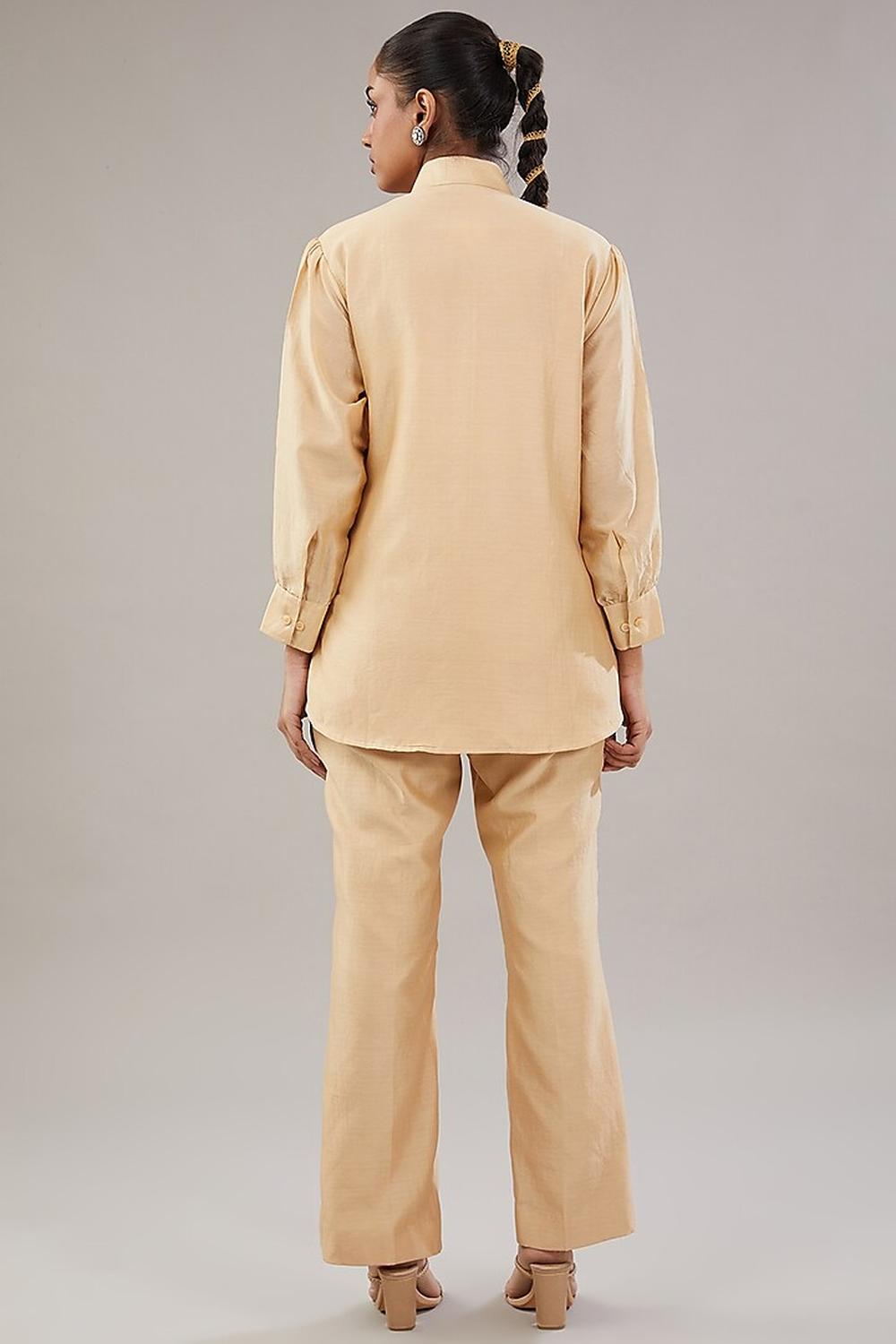 Beige Silk Geometric Embroidered Shirt  And Pant.