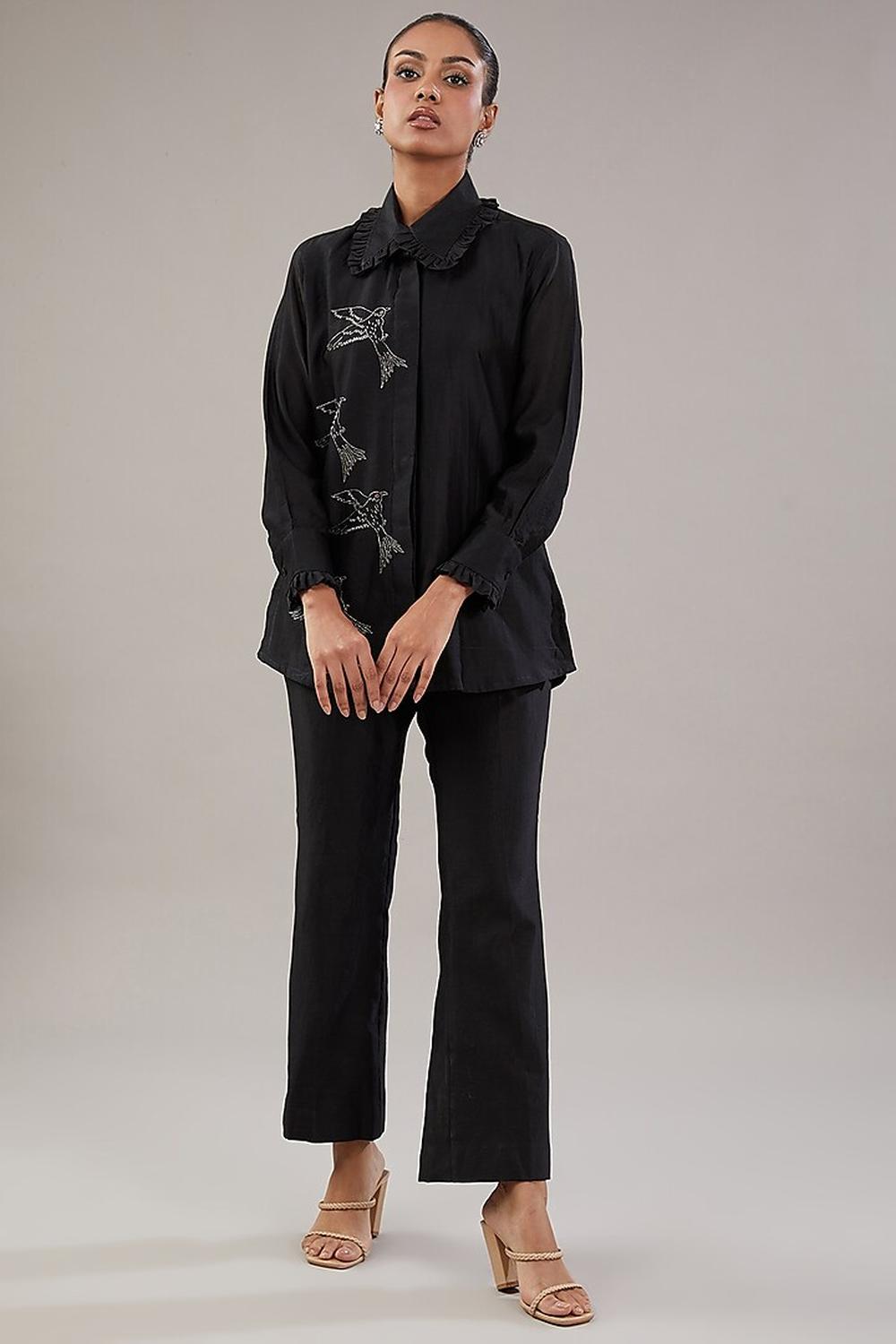 Black Silk Bird Embroidered Shirt With Pant.