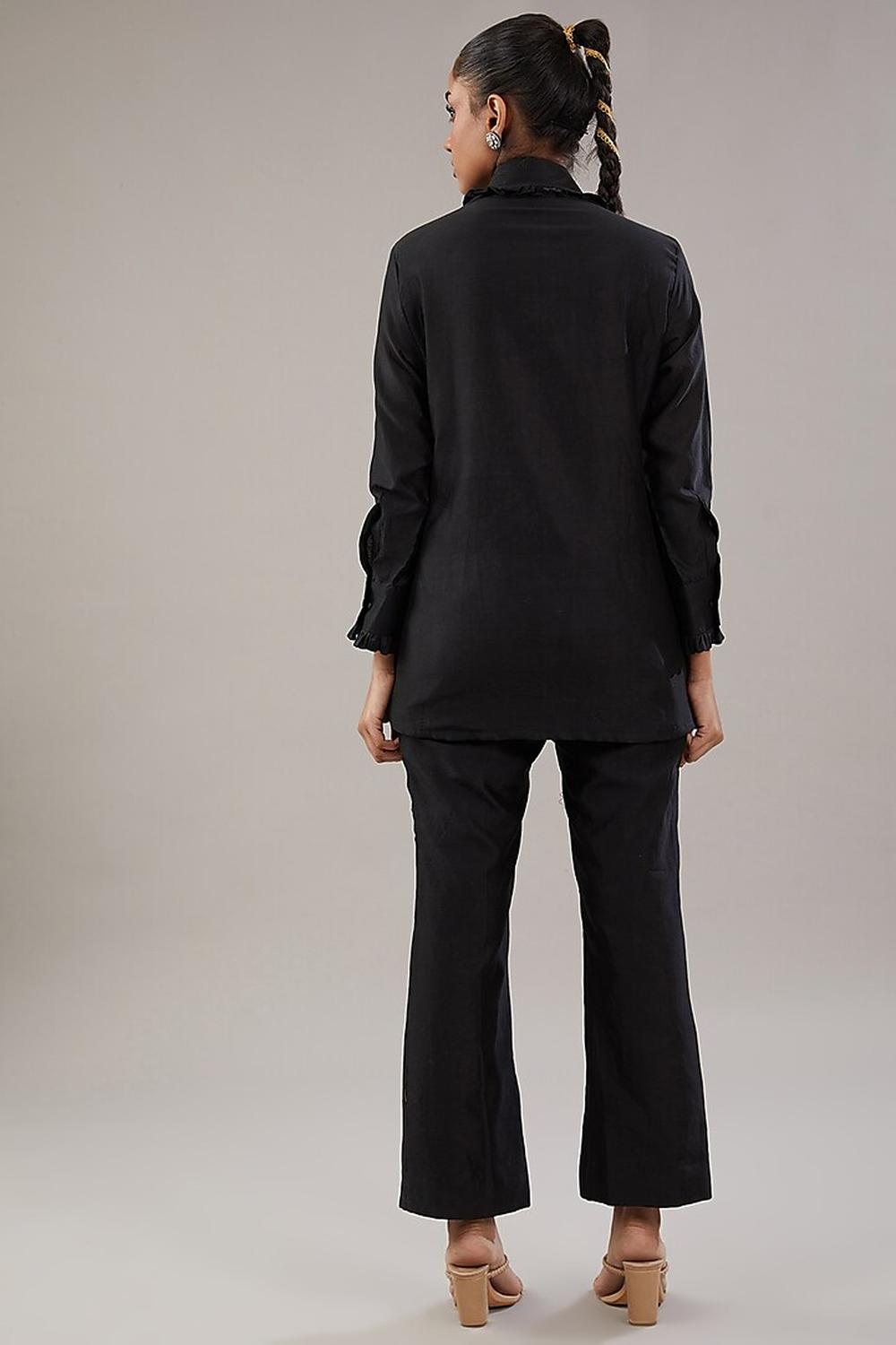 Black Silk Bird Embroidered Shirt With Pant.