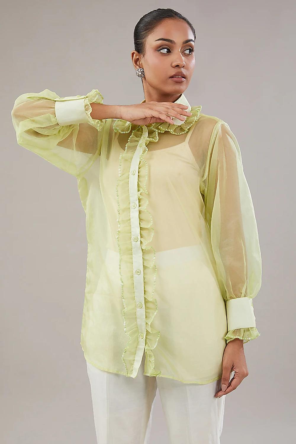 Light Green Organza Frill Sequence Embroidered Shirt.