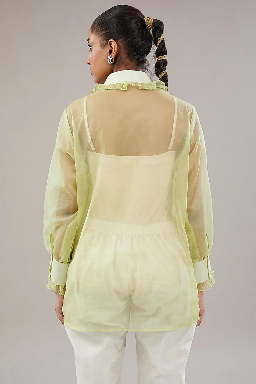 Light Green Organza Frill Sequence Embroidered Shirt.