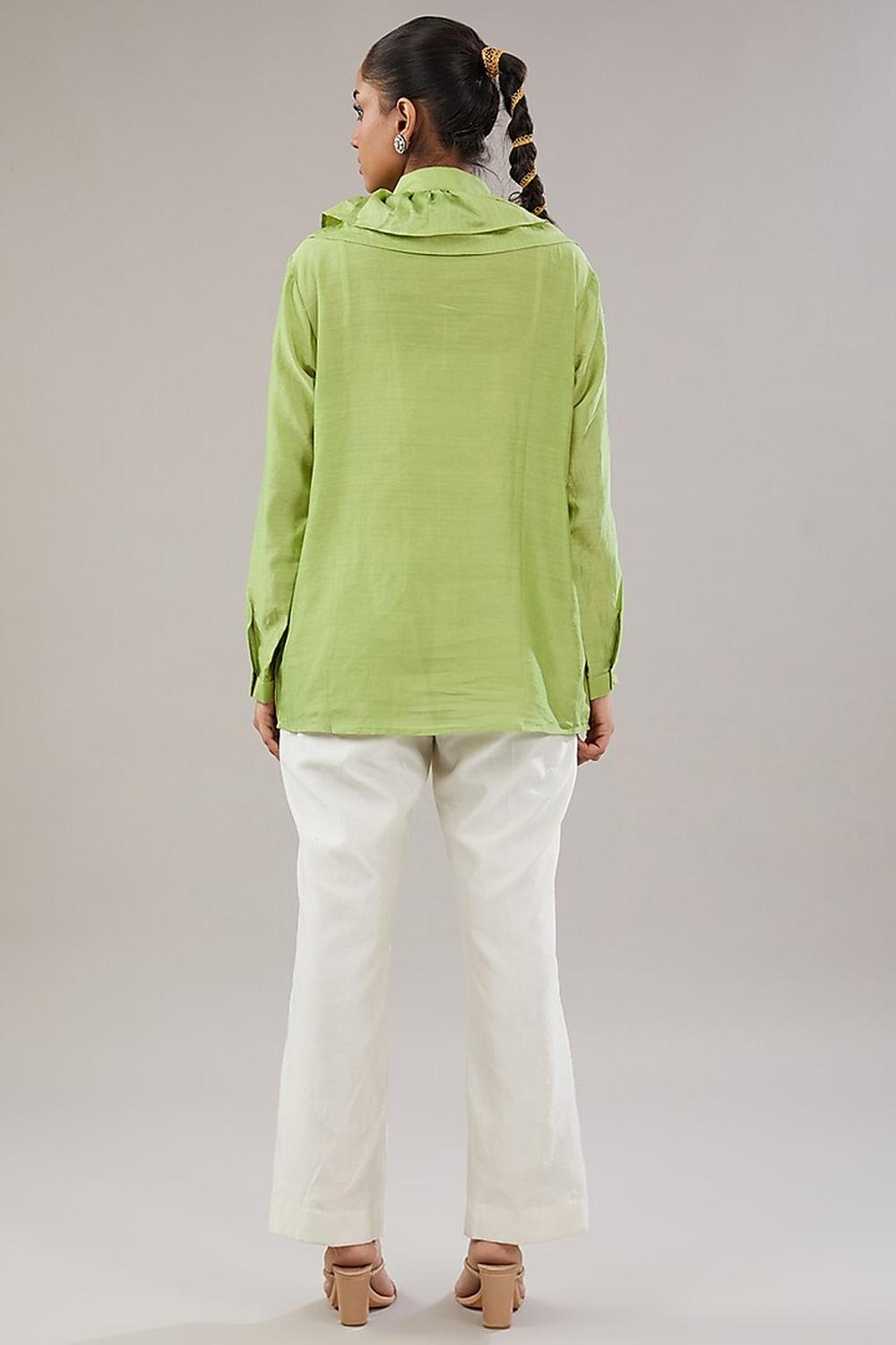 Green Silk Floral Embroidered Shirt  And Pant.