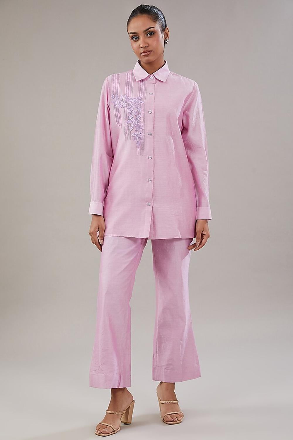 Lilac Silk Floral Embroidered Shirt With Pant .