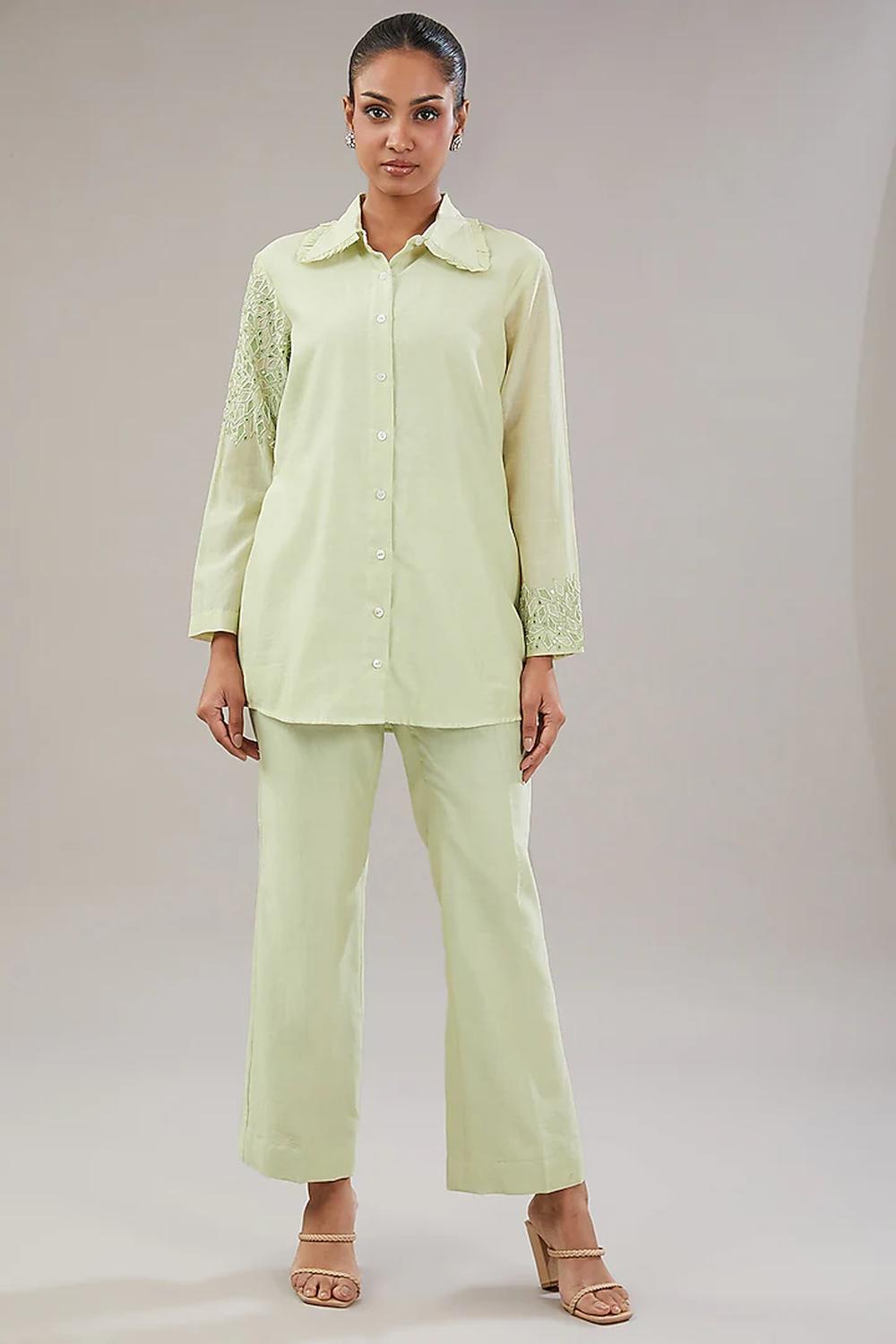 Light Green Silk Geometric Embroidered Shirt  And Pant.