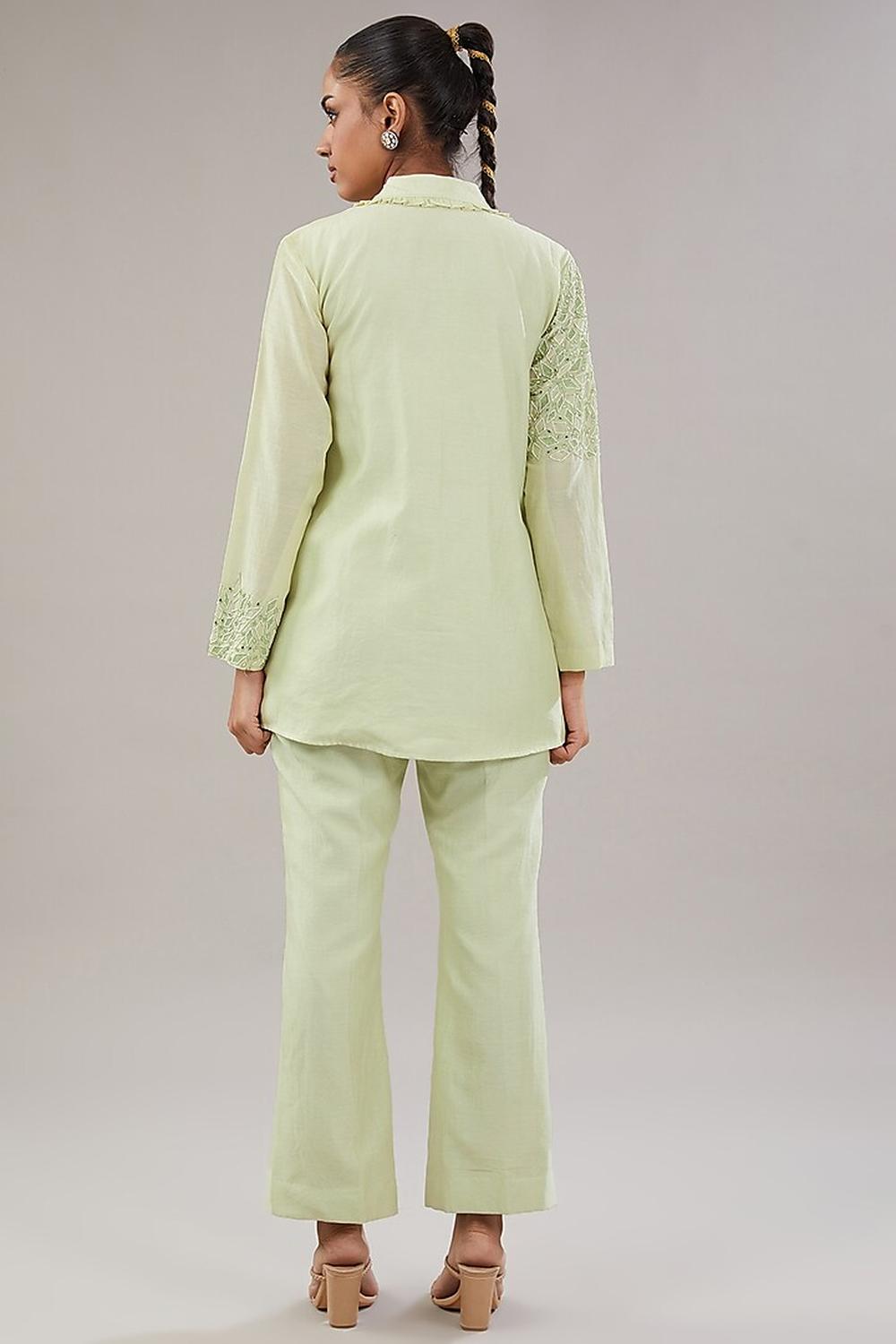 Light Green Silk Geometric Embroidered Shirt  And Pant.