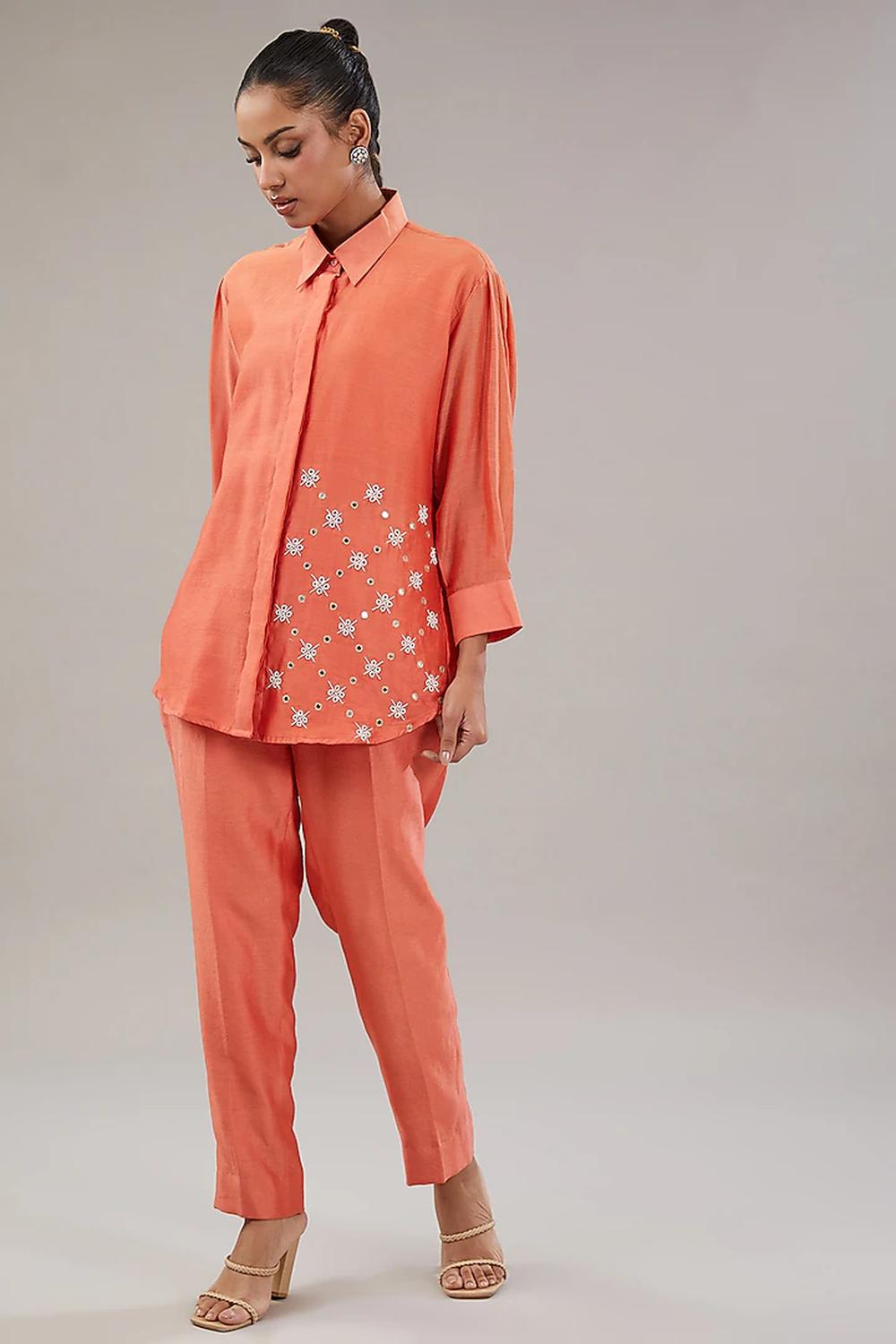 Light Orange Silk Geometric Embroidered Shirt  And Pant.