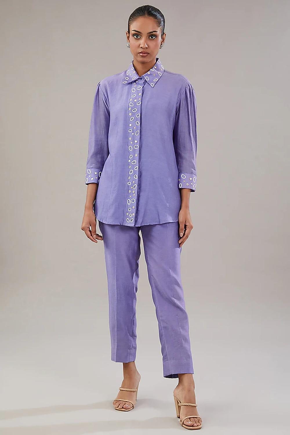 Light Purple Silk Geometric Embroidered Shirt  And Pant.