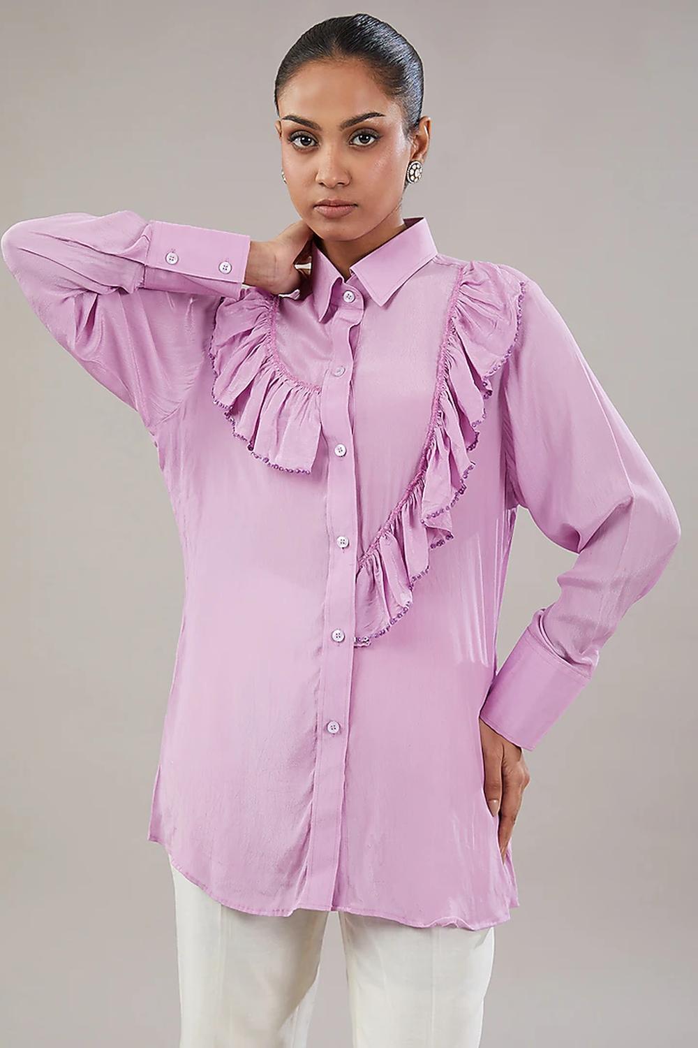 Lilac Crepe Frill Sequence Embroidered Shirt.