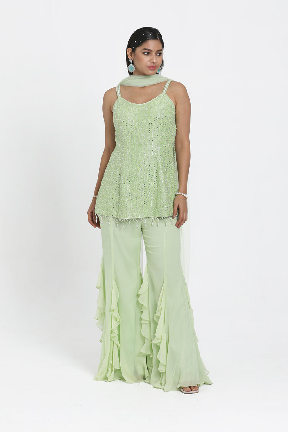 Mint Green Straight Suit With Inserted Frill Sharara & Dupatta Set