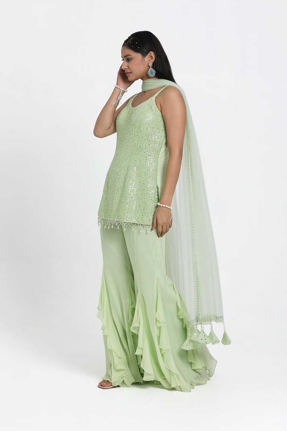 Mint Green Straight Suit With Inserted Frill Sharara & Dupatta Set