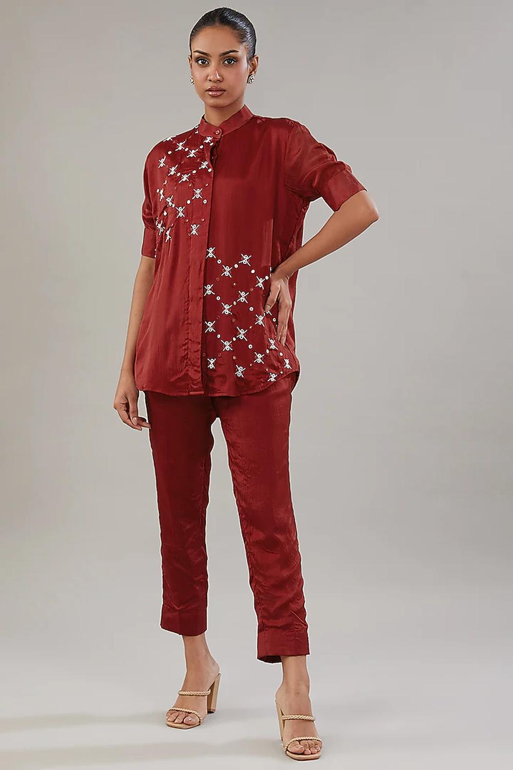 Mahroon Silk Geometric Embroidered Shirt  And Pant.