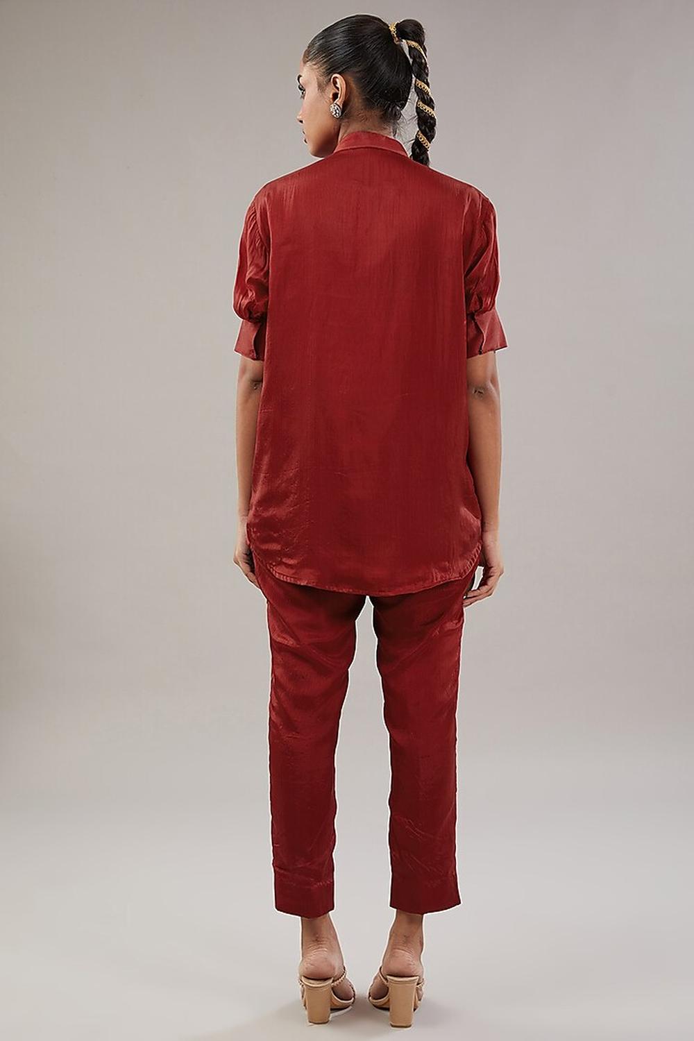 Mahroon Silk Geometric Embroidered Shirt  And Pant.