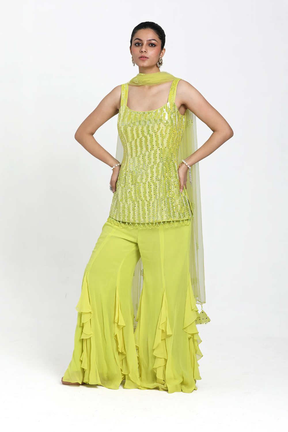 Neon Yellow Straight Suit With Frill Inserted Sharara & Dupatta