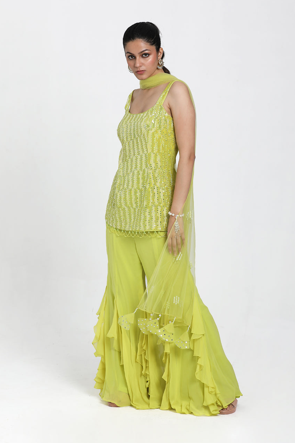 Neon Yellow Straight Suit With Frill Inserted Sharara & Dupatta