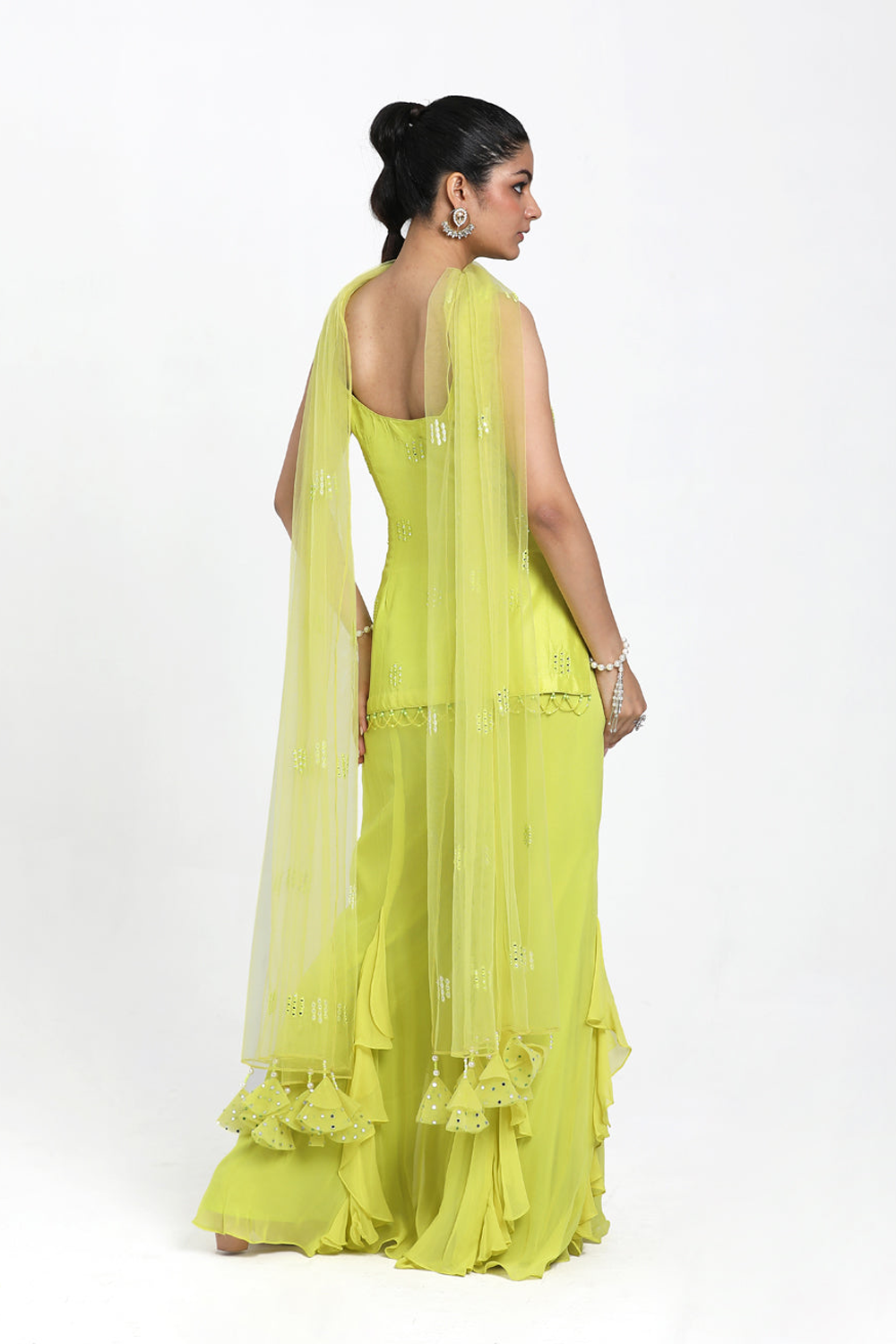 Neon Yellow Straight Suit With Frill Inserted Sharara & Dupatta