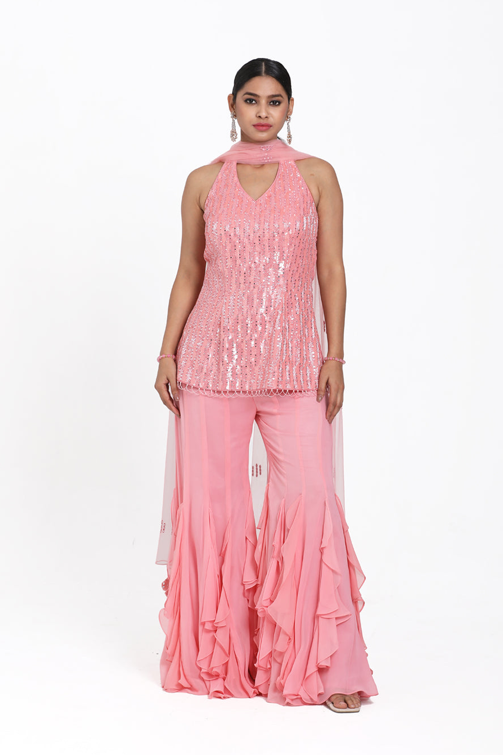 Onion Pink Halter Suit With Frill Inserted Sharara & Dupatta Set.