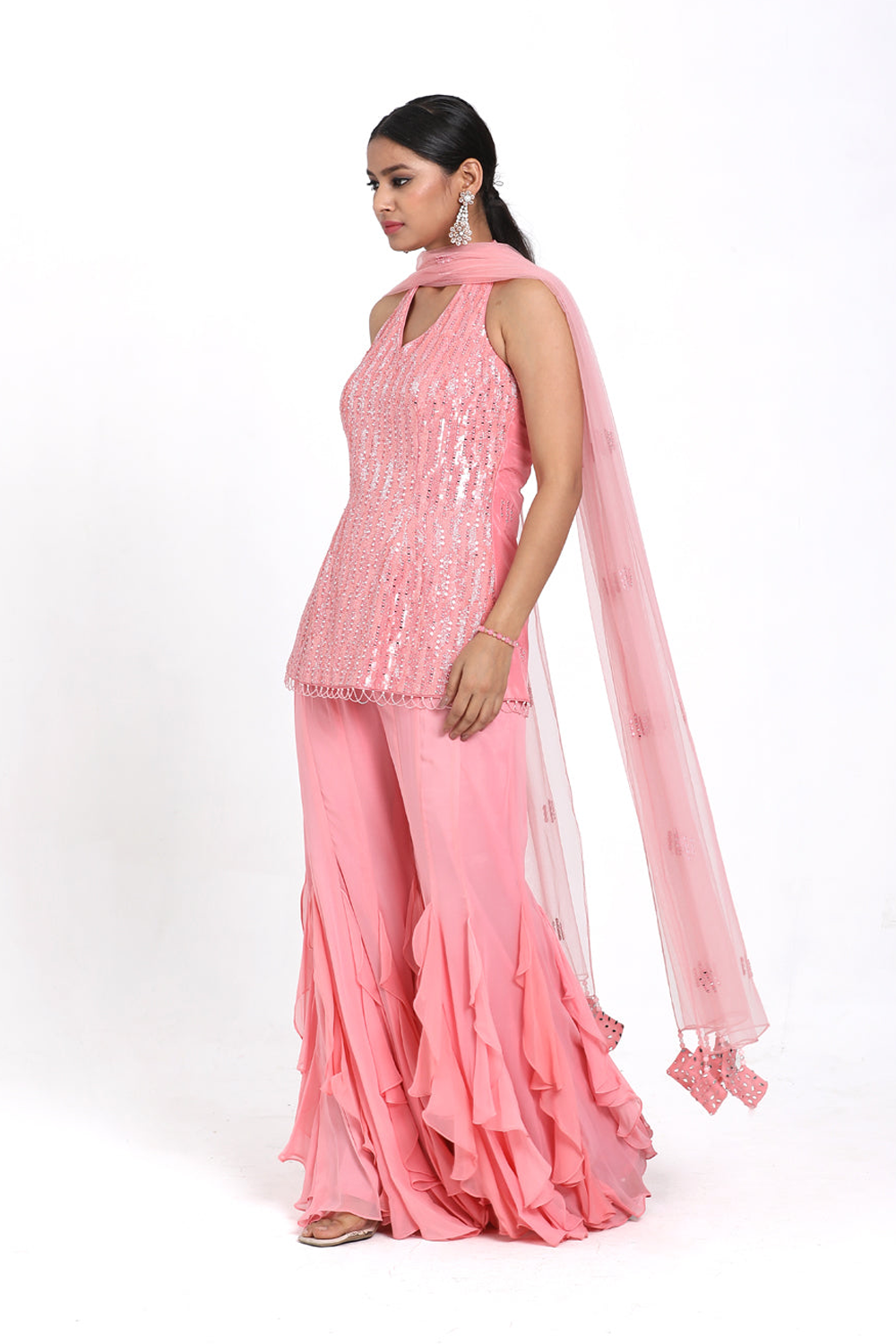 Onion Pink Halter Suit With Frill Inserted Sharara & Dupatta Set.