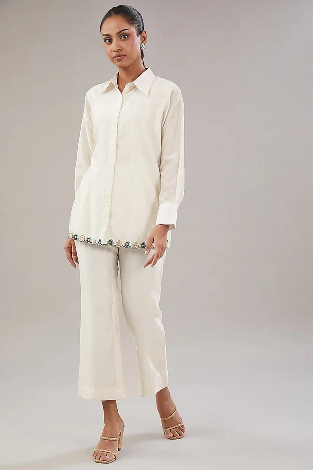 Off White Silk Floral Embroidered Shirt  And Pant.