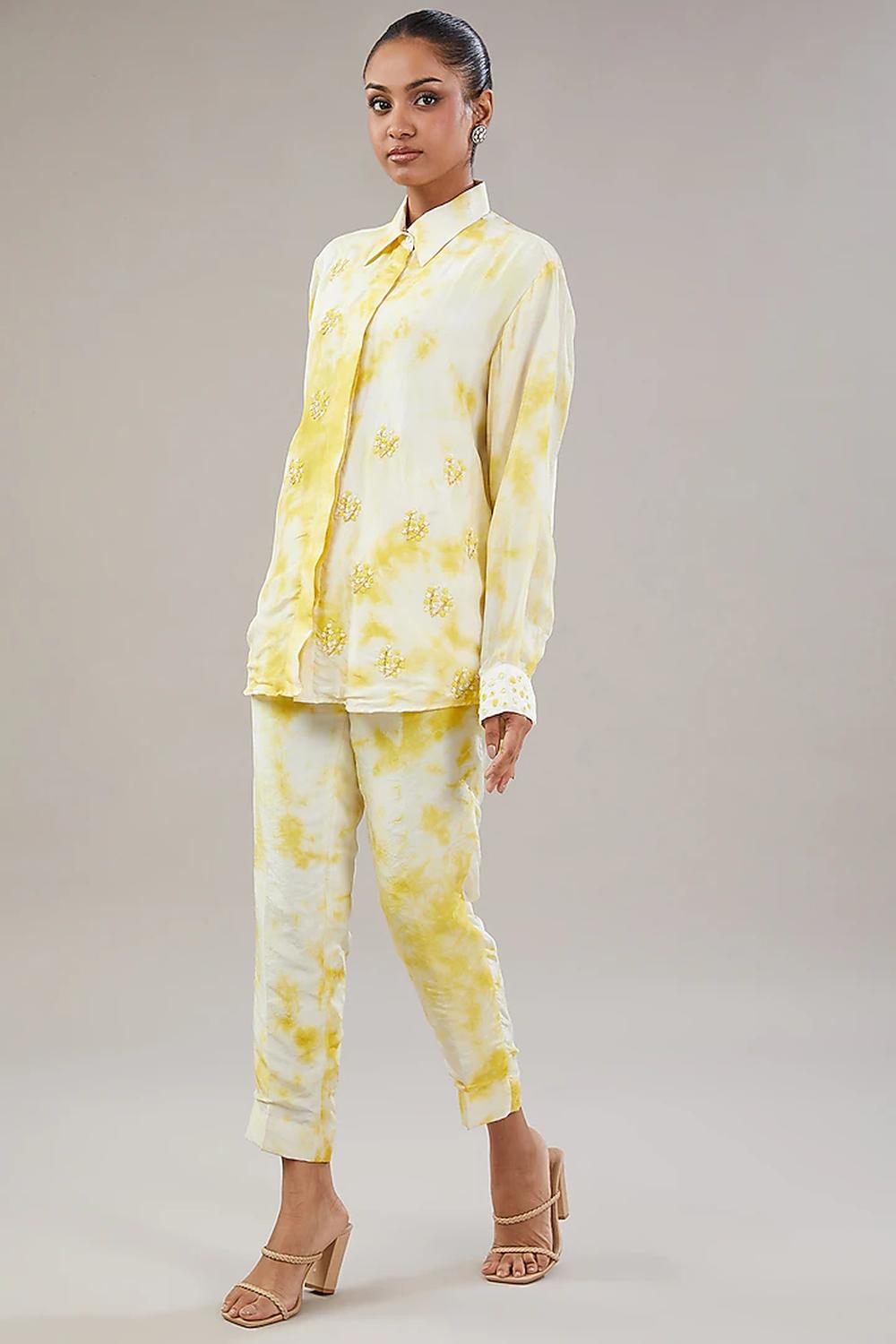 Off White & Yellow Tie-Dye Silk Floral Embroidered Shirt  And Pant.