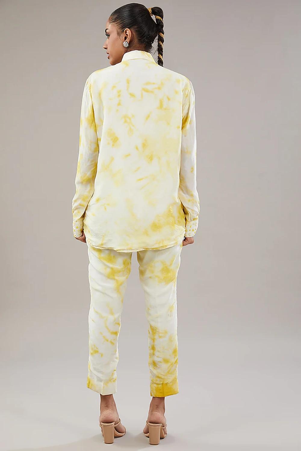 Off White & Yellow Tie-Dye Silk Floral Embroidered Shirt  And Pant.