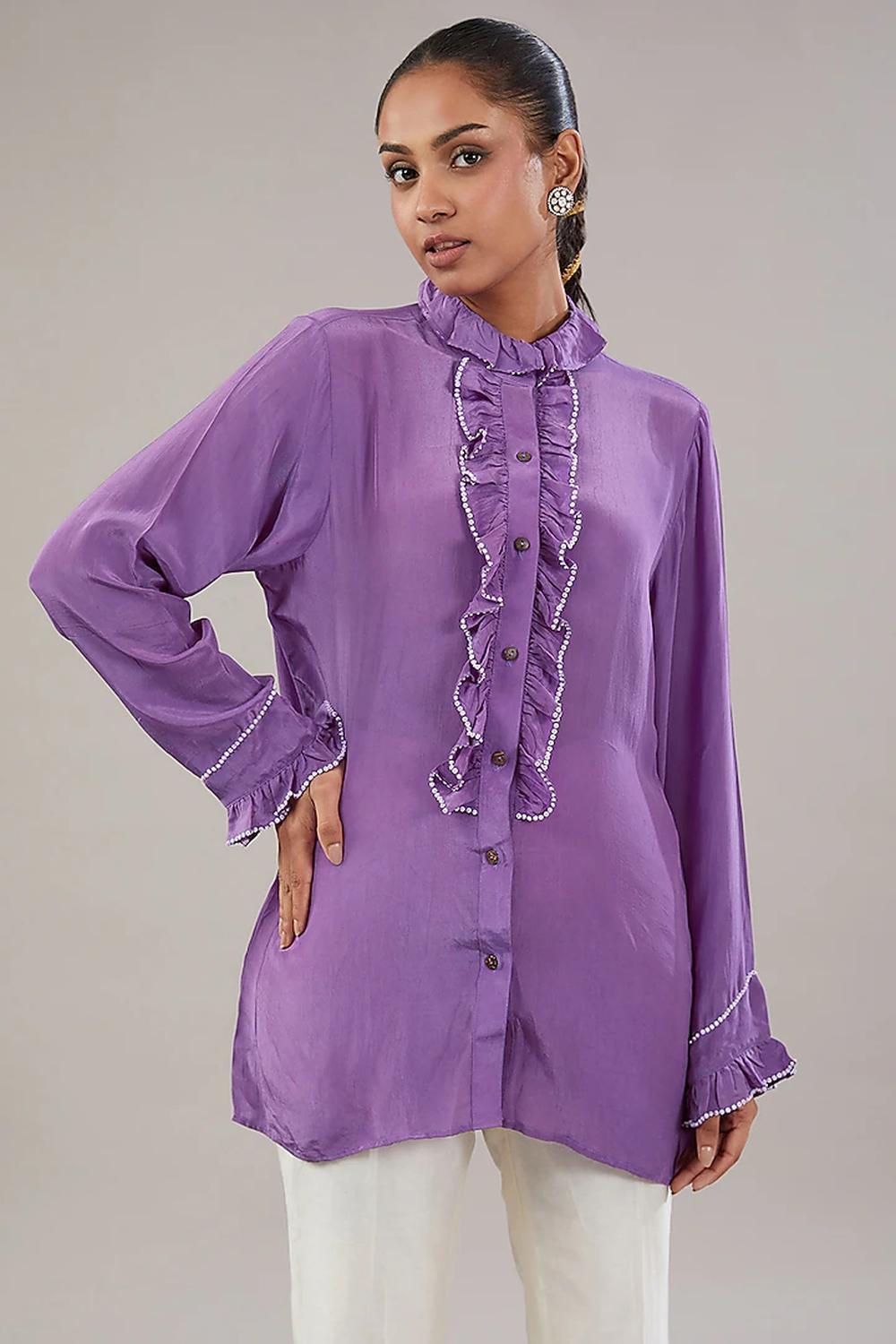 Purple Crepe Frill Sequence Embroidered Shirt.
