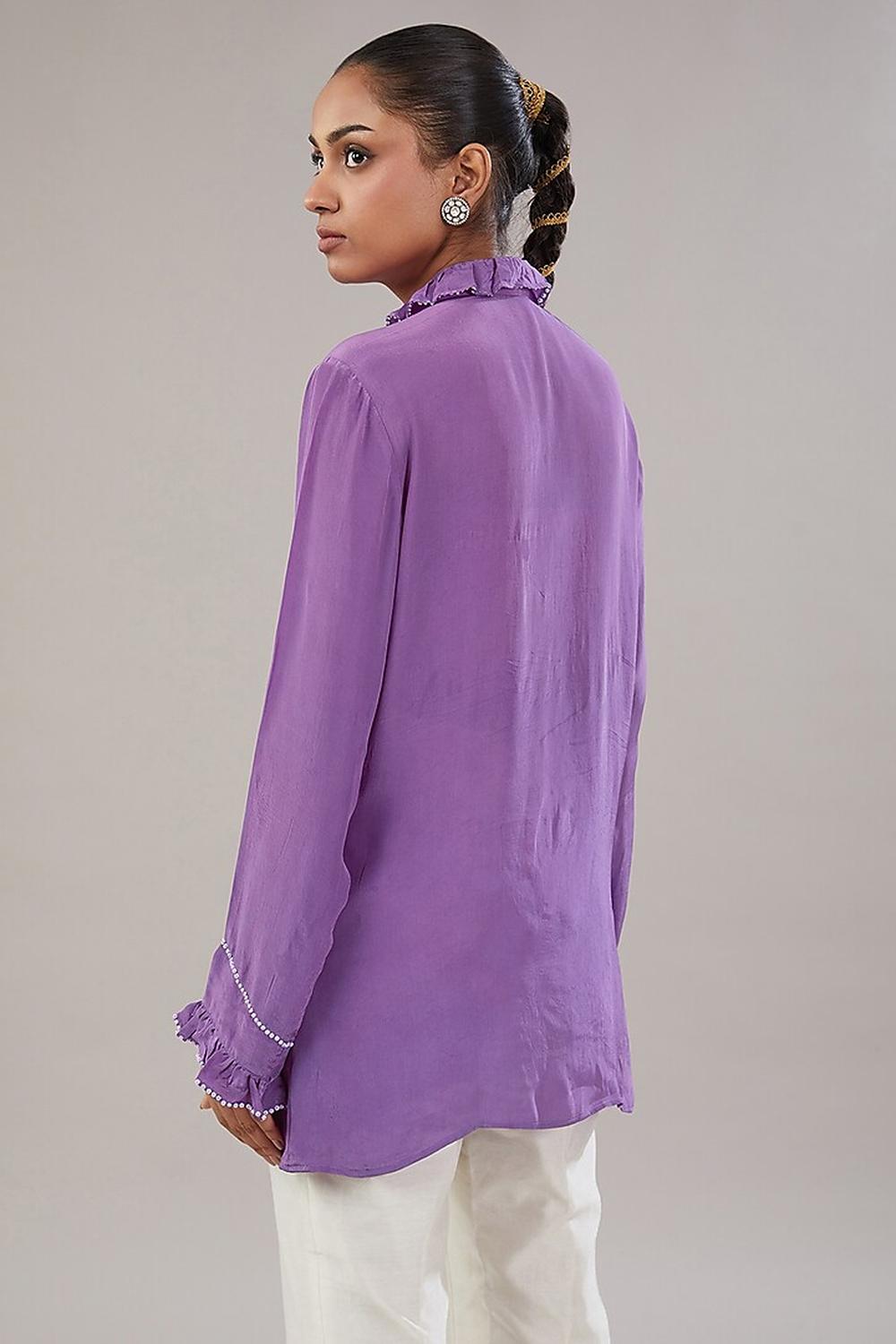 Purple Crepe Frill Sequence Embroidered Shirt.