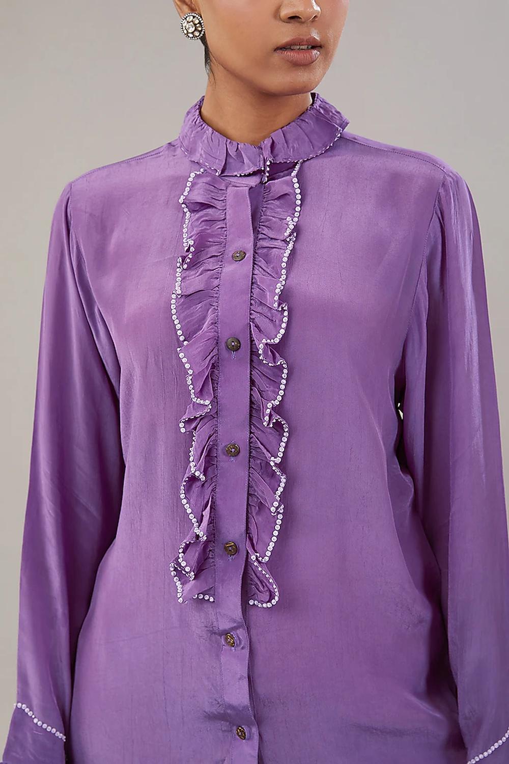 Purple Crepe Frill Sequence Embroidered Shirt.