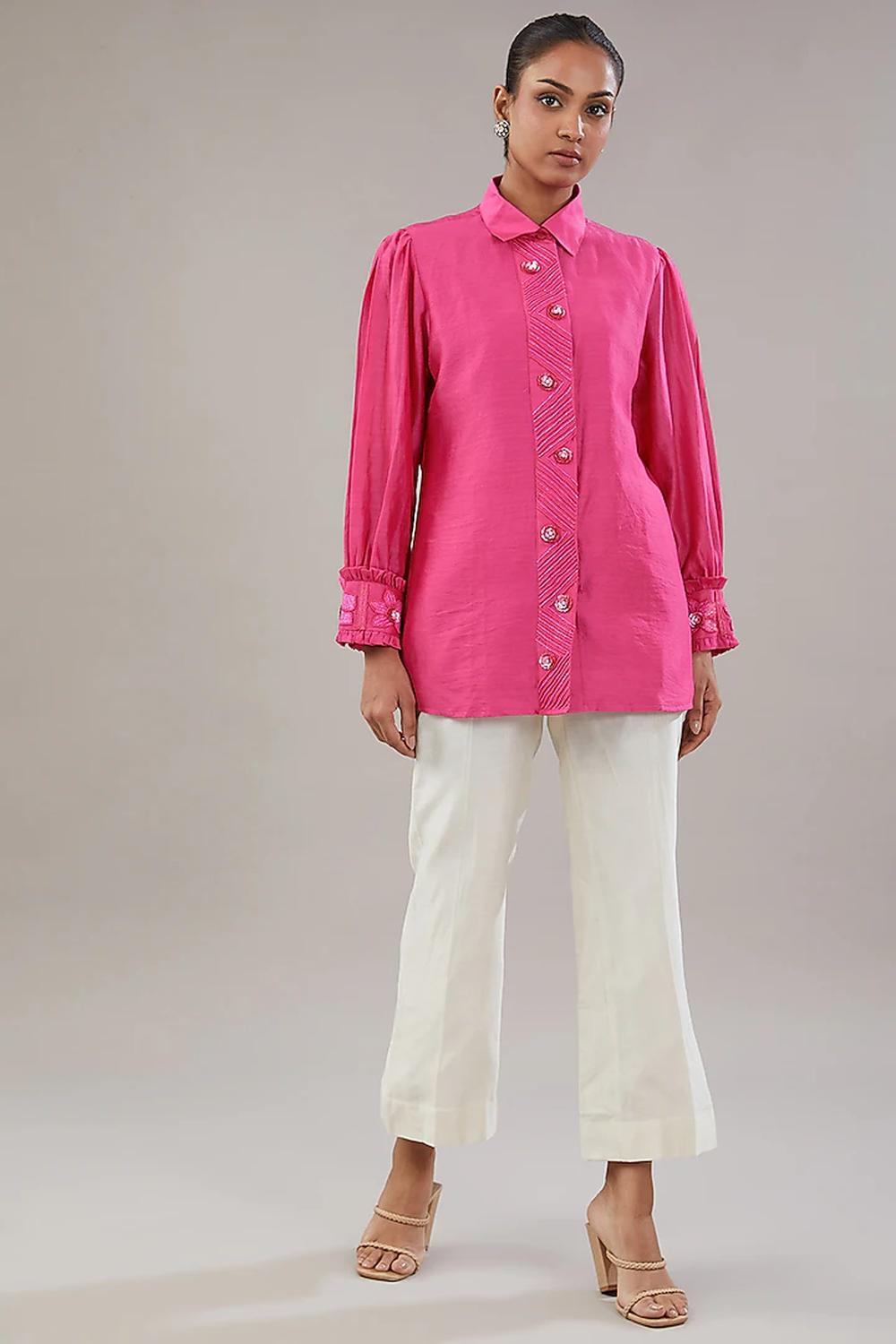 Fuscia Pink Silk Floral Embroidered Shirt  And Pant.
