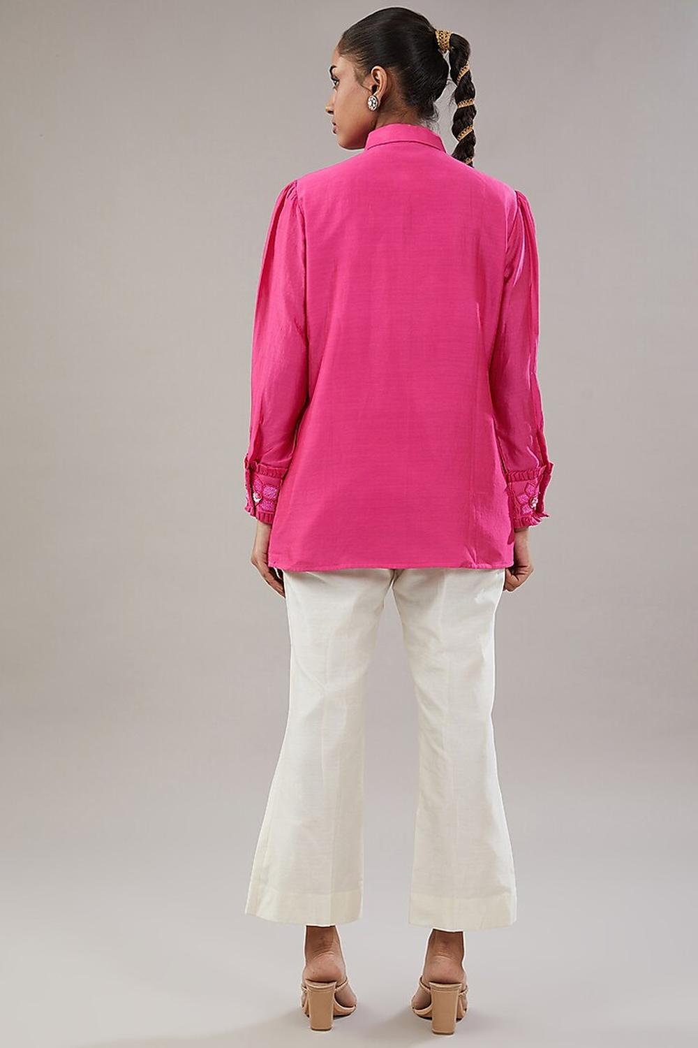 Fuscia Pink Silk Floral Embroidered Shirt  And Pant.