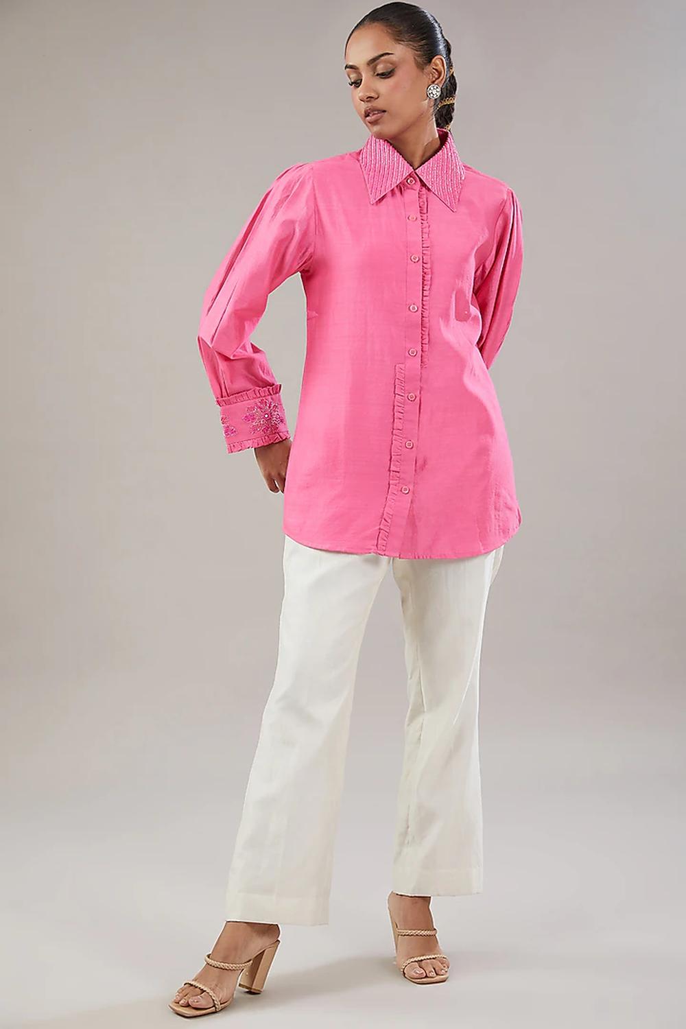 Pink Silk Floral Embroidered Shirt  And Pant.