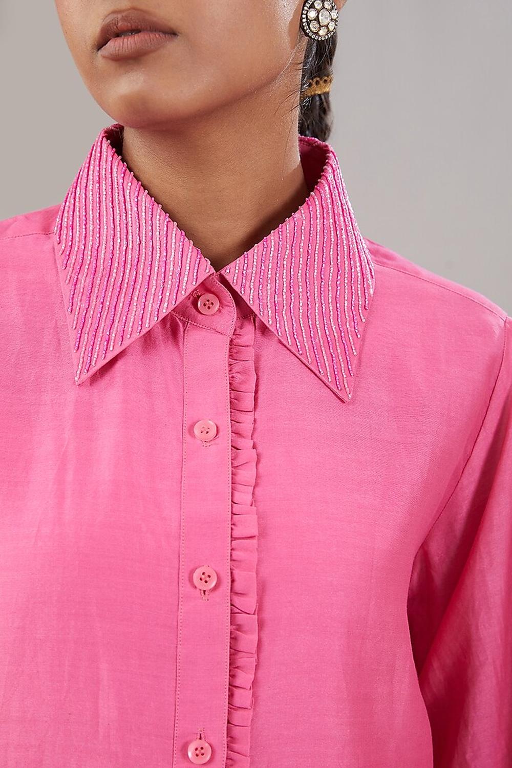 Pink Silk Floral Embroidered Shirt  And Pant.