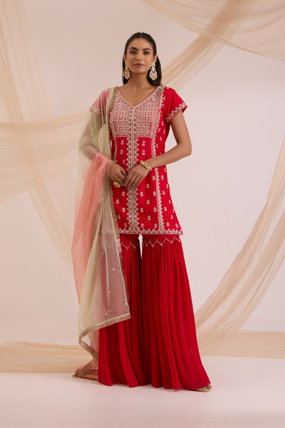 Red Straight Suit With Garara Set