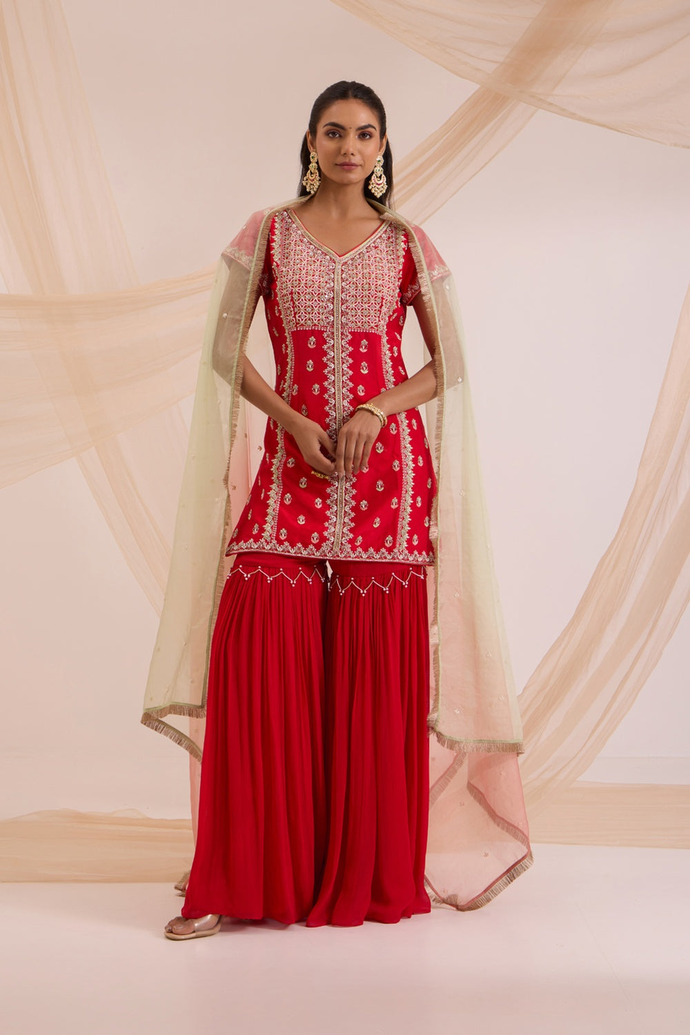 Red Straight Suit With Garara Set