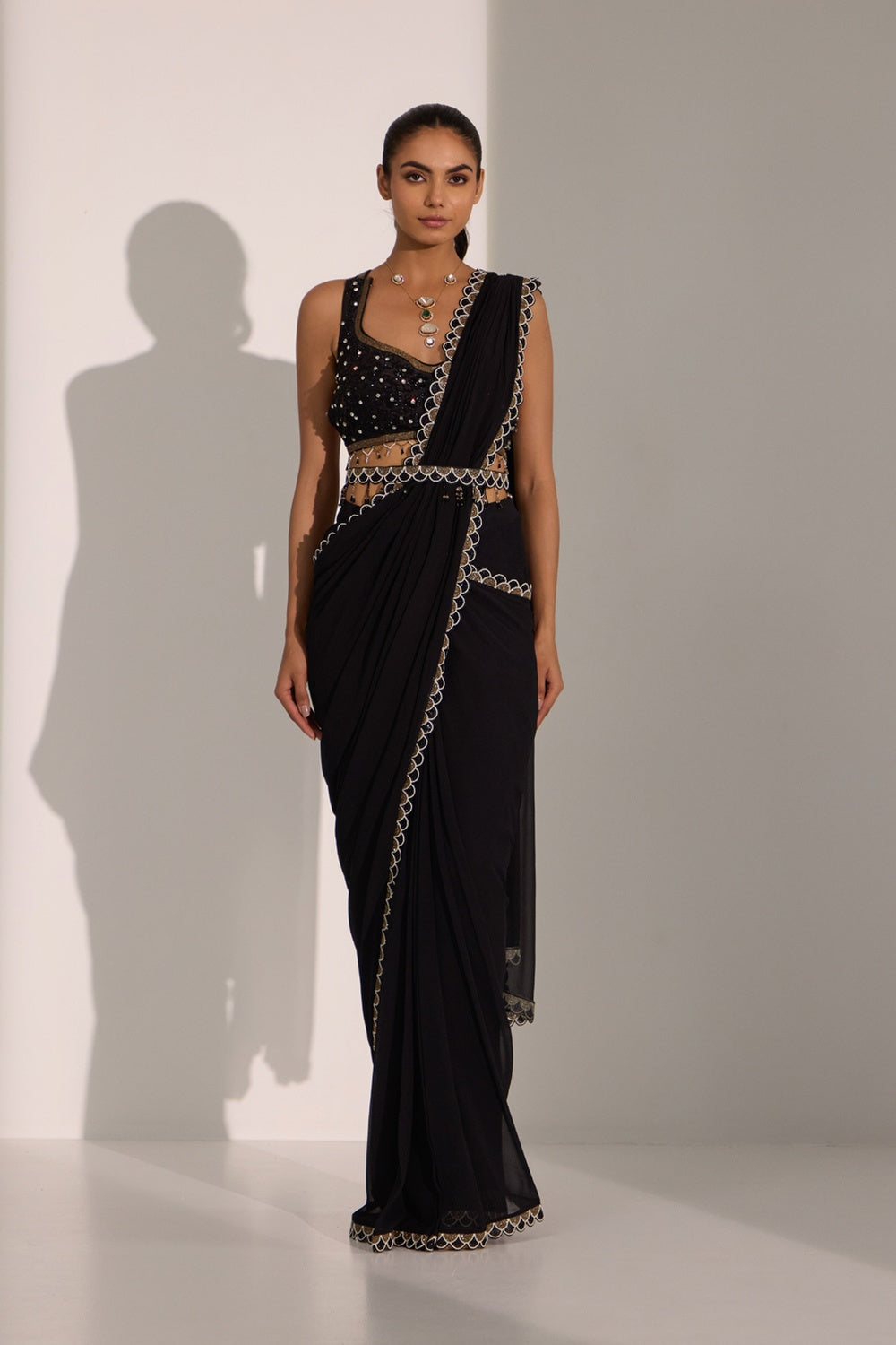 Black Drape Saree With Blouse & Detachable Belt.