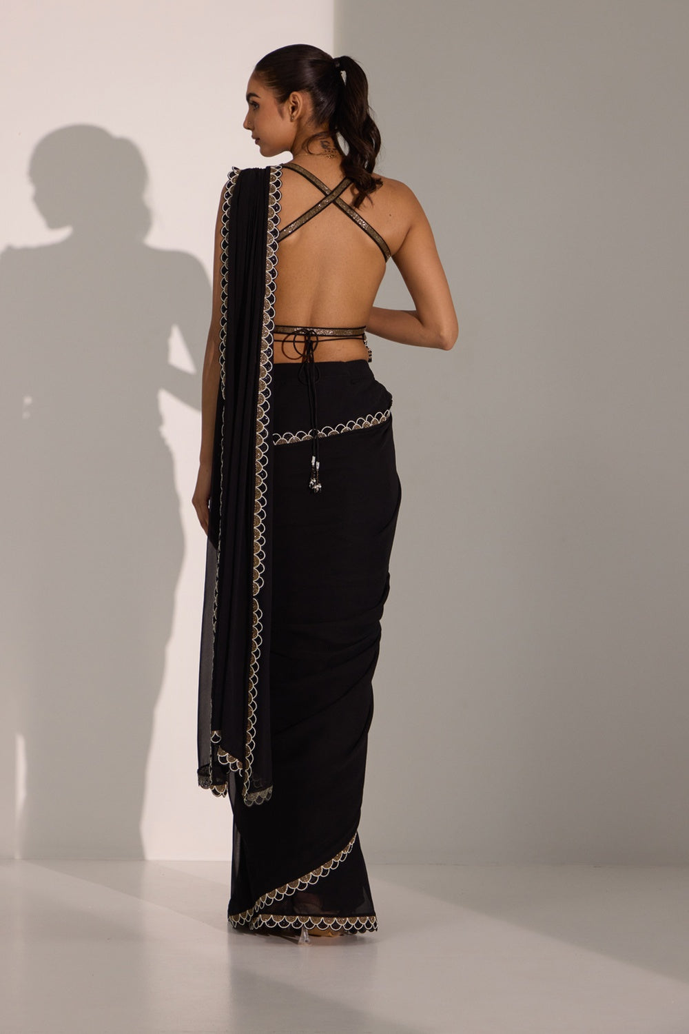 Black Drape Saree With Blouse & Detachable Belt.
