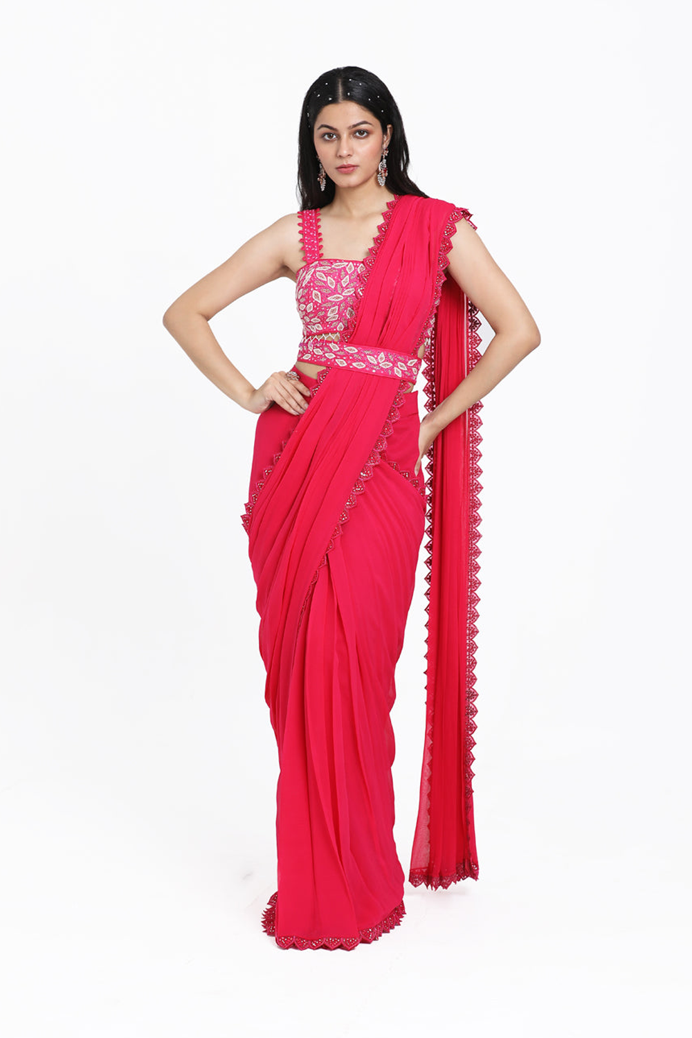 Pink Drape Saree With Detachable Belt