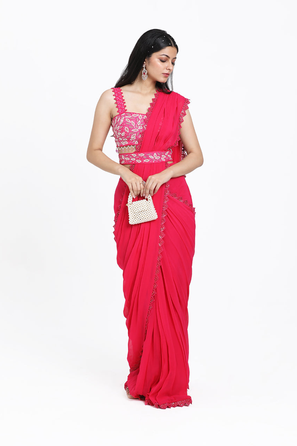 Pink Drape Saree With Detachable Belt