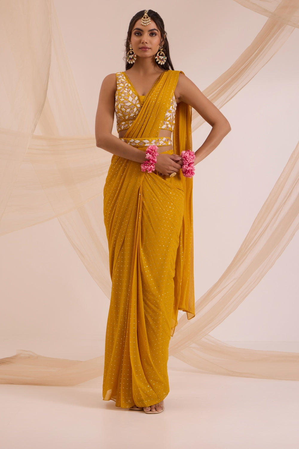 Mustard Yellow Saree With Blouse & Detachable Belt Set.