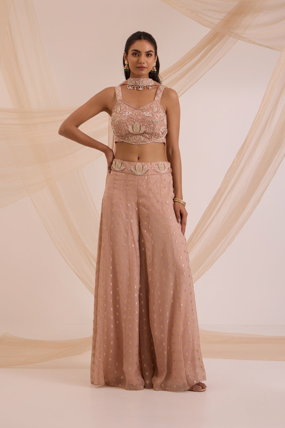 Sand Crop Top With Sharara & Chokar Dupatta Set.