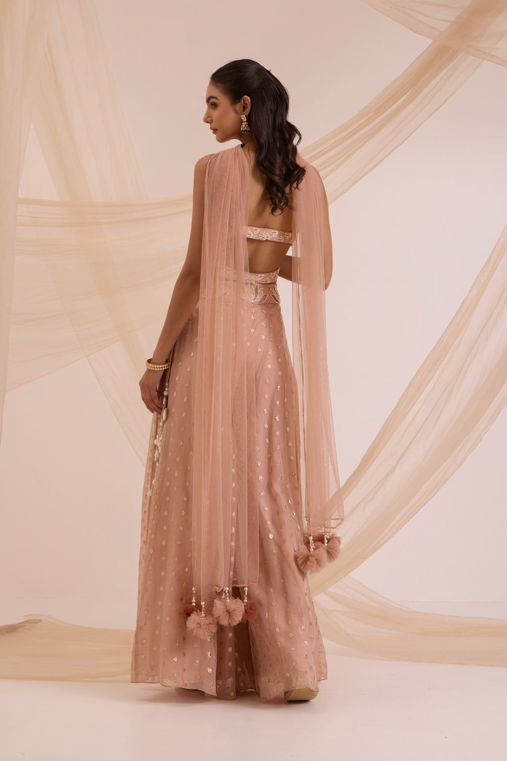 Sand Crop Top With Sharara & Chokar Dupatta Set.