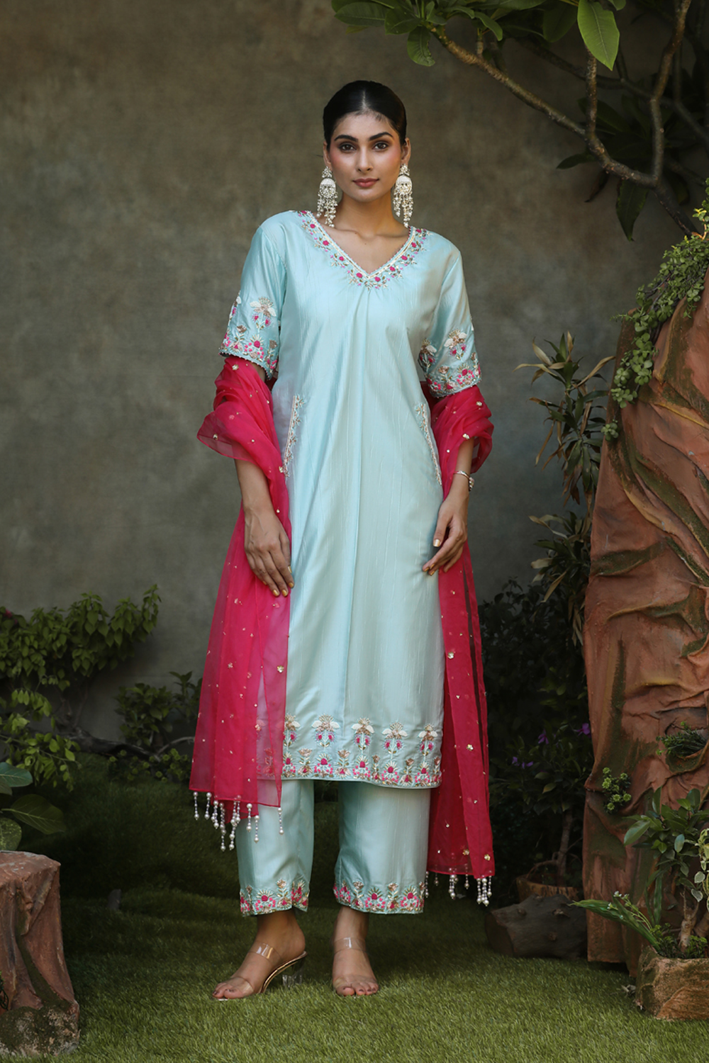 Aqua Blue Silk Floral Embroidered Straight Suit With Pant And Pink Organa Dupatta Set.