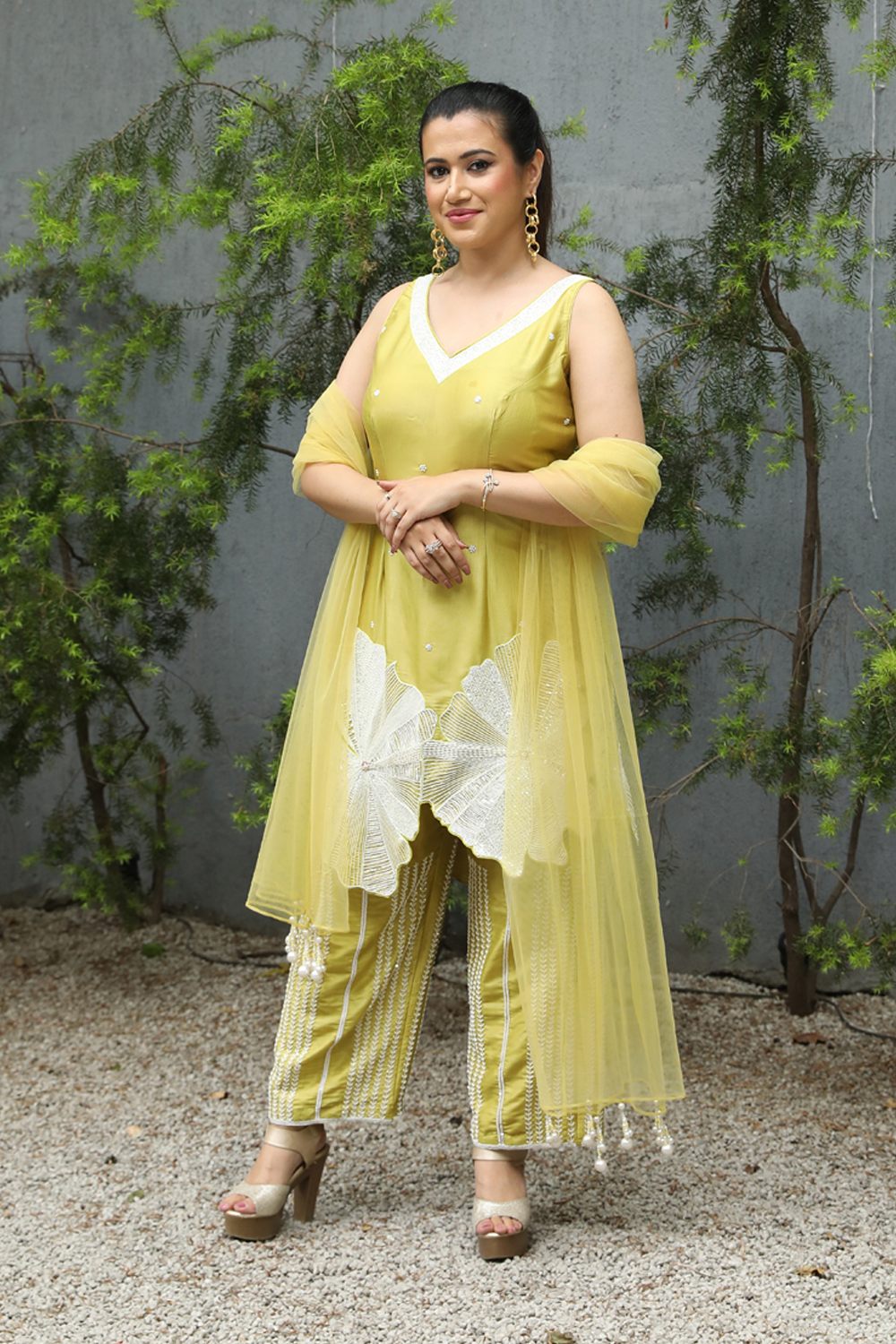 Lime Green Silk Floral Embroidered Straight Suit With Pant And Dupatta Set.