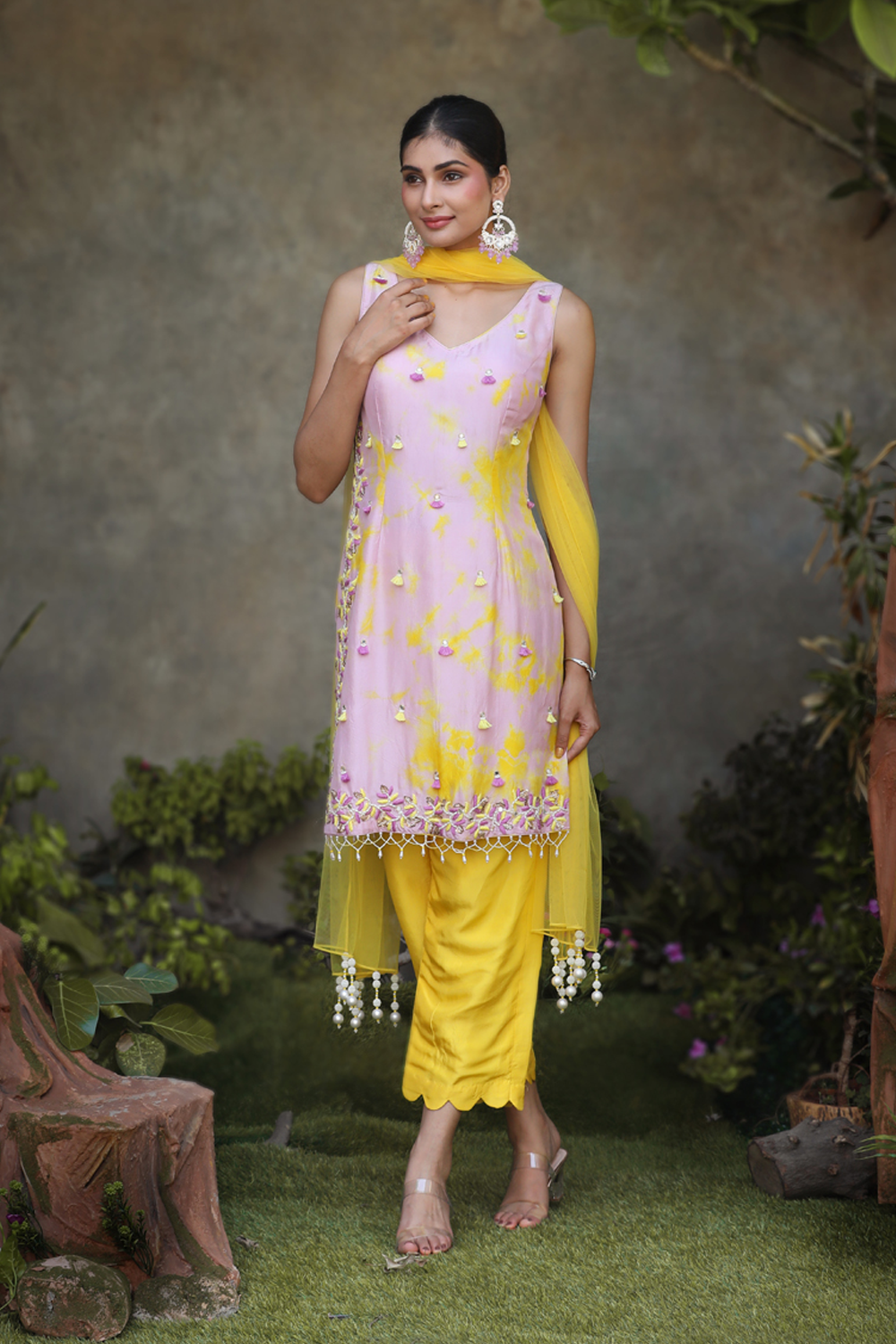 Lilac, Yellow Tye Dye Silk Floral Embroidered Straight Suit With Yellow Pant And Net Dupatta Set.