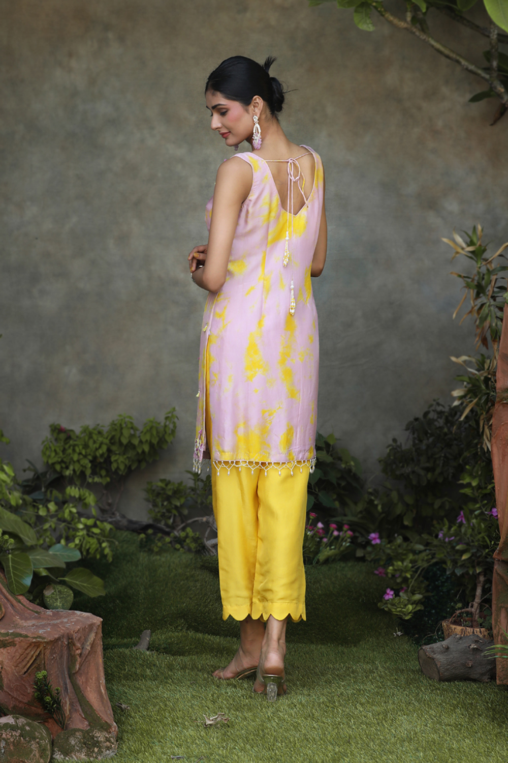 Lilac, Yellow Tye Dye Silk Floral Embroidered Straight Suit With Yellow Pant And Net Dupatta Set.