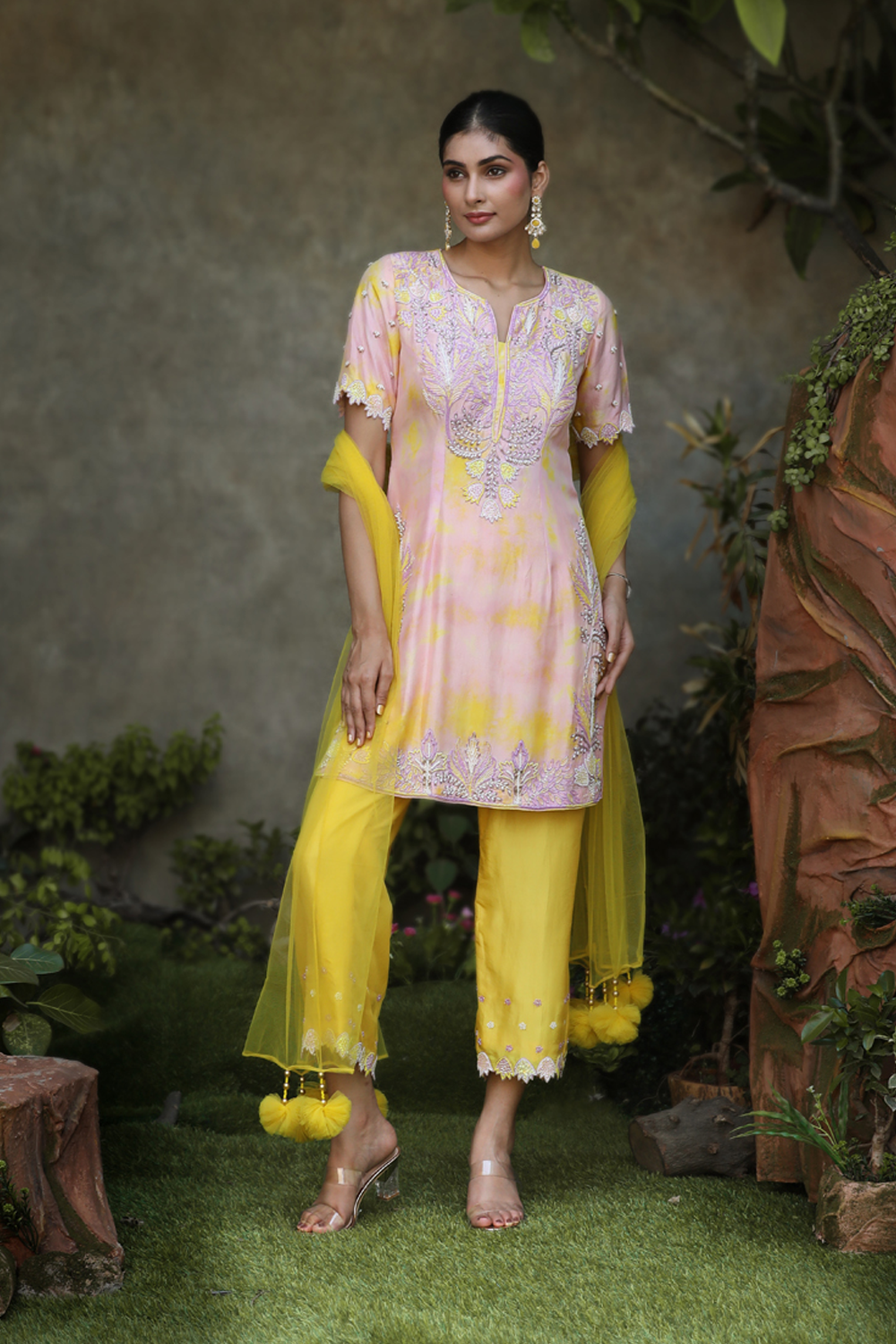 Lilac, Yellow Tye Dye Silk Floral Embroidered Straight Suit With Yellow Pant And Net Dupatta Set.
