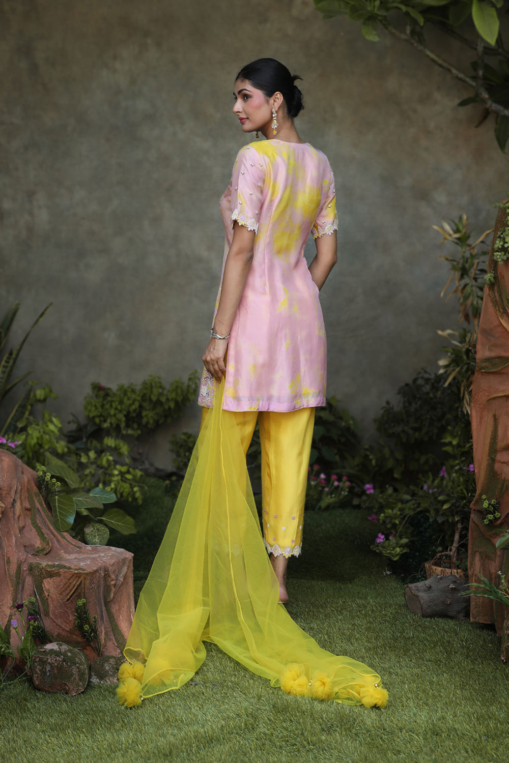 Lilac, Yellow Tye Dye Silk Floral Embroidered Straight Suit With Yellow Pant And Net Dupatta Set.