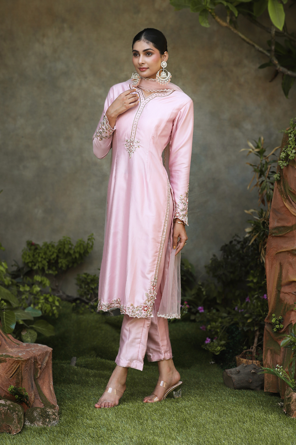 Onion Pink Silk Floral Embroidered Straight Suit With Pant And Net Dupatta Set.