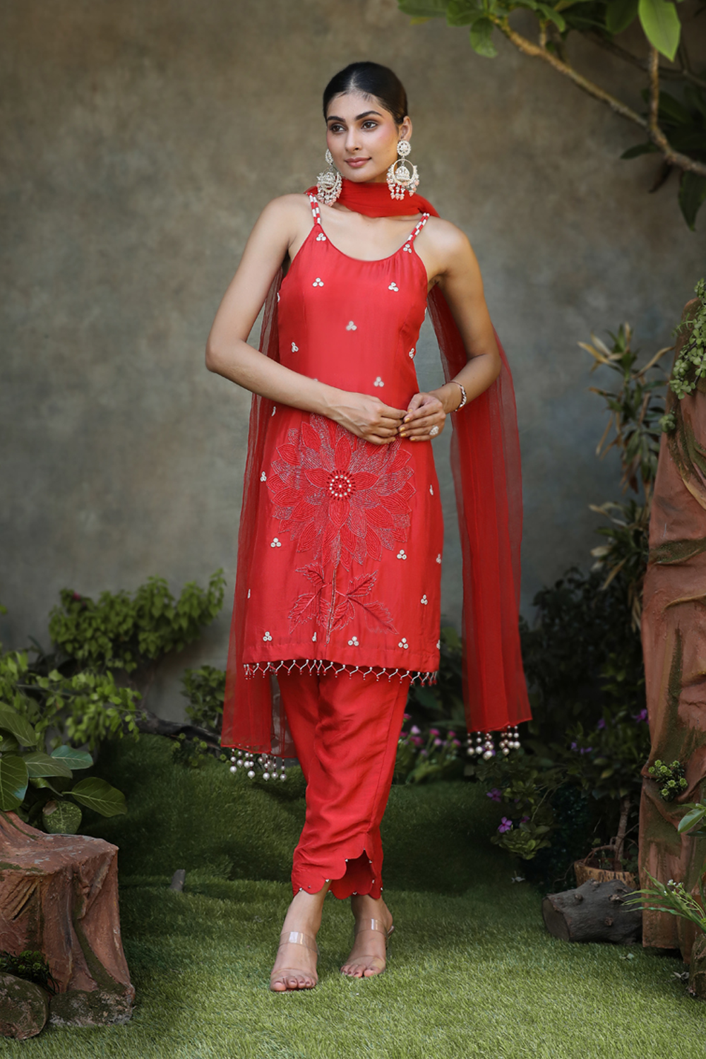 Red Silk Floral Embroidered Straight Suit With Pant And Dupatta Set.